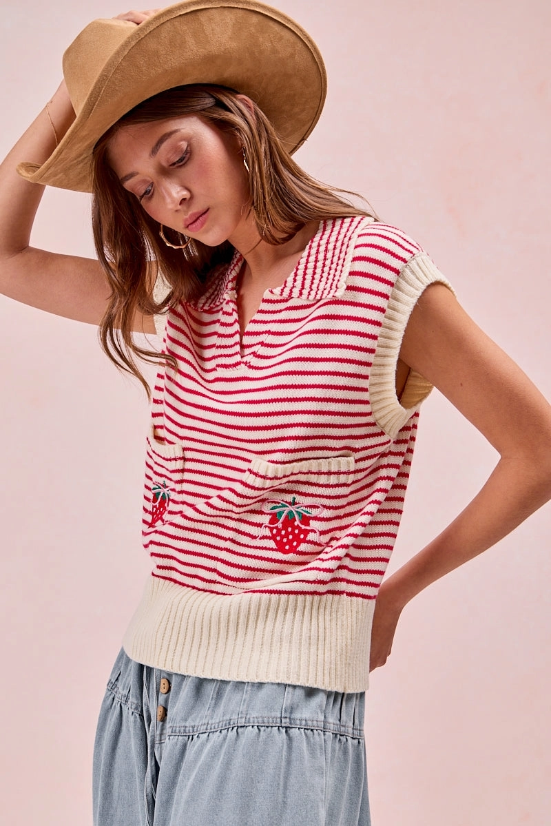 IT4351S-02P | STRIPE KNIT STRAWBERRY DOUBLE POCKET COLLAREDTOP Clean Silhouette