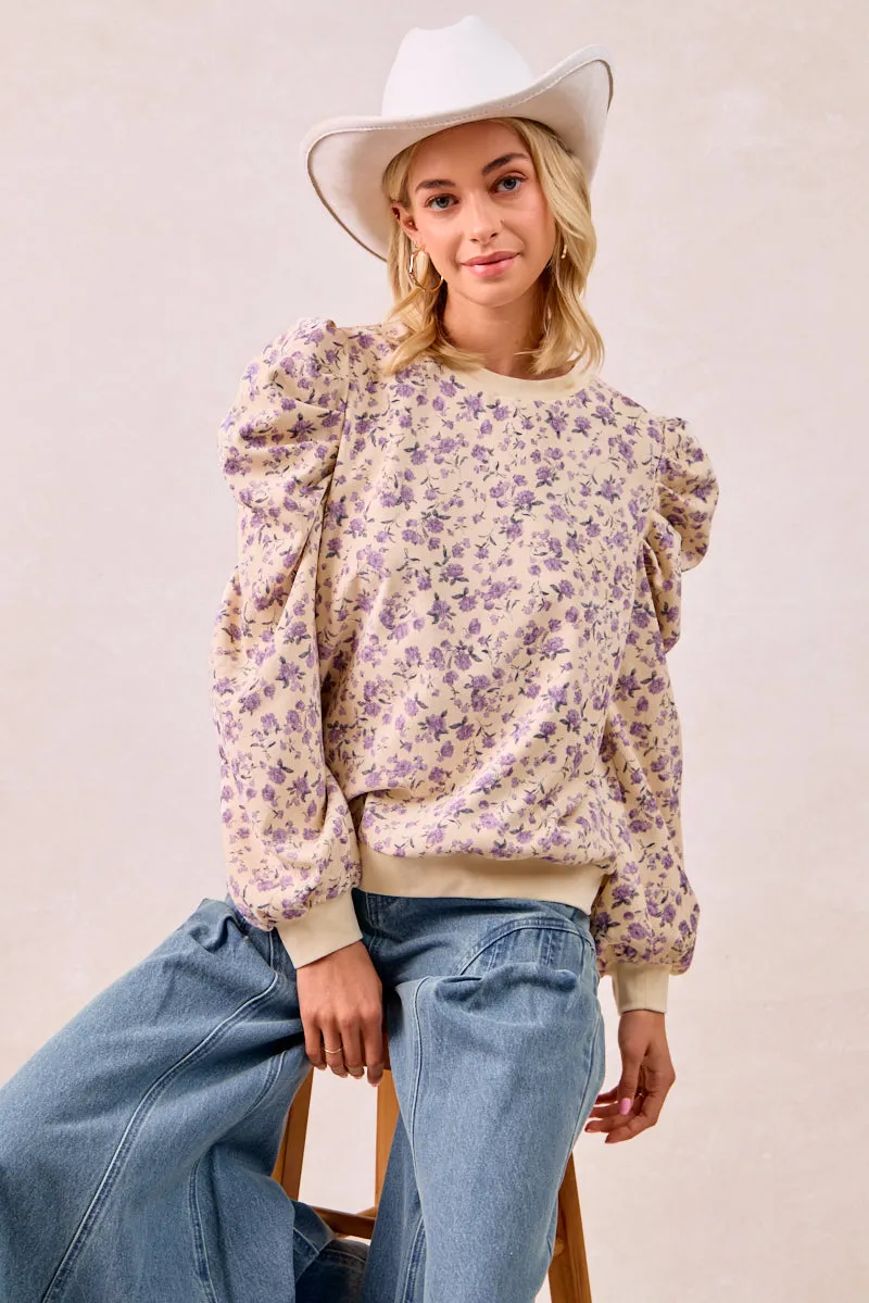 IT4360G-02 | FLORAL PRINTED CORDUROY EXAGGERATED SHOULDER SLEEVES TOP Effortless Layer