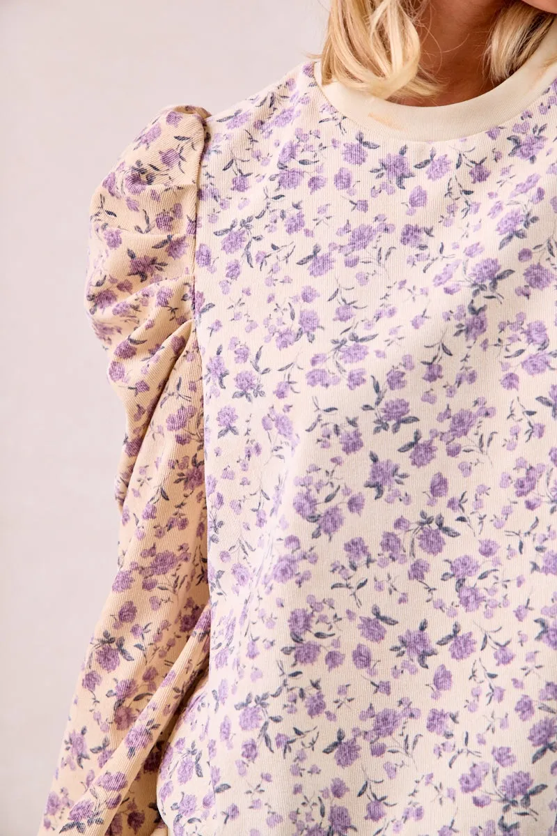 IT4360G-02 | FLORAL PRINTED CORDUROY EXAGGERATED SHOULDER SLEEVES TOP Functional Fit