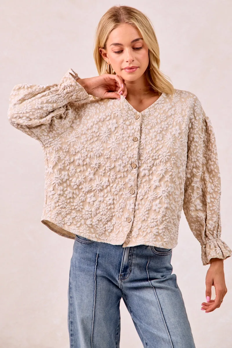 Houndstooth Print 3-In-1 Set IT4361G-01 | FLORAL PATTERN TEXTURE V-NECK RUFFLED CARDIGAN TOP