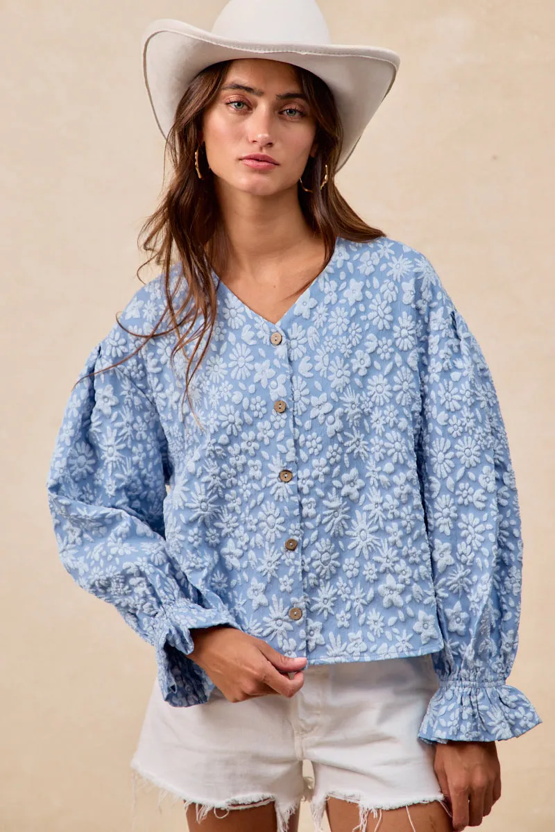 Fit For Daily IT4361G-01 | FLORAL PATTERN TEXTURE V-NECK RUFFLED CARDIGAN TOP