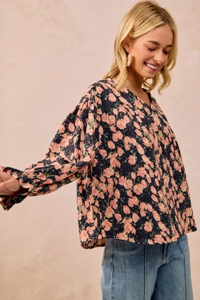 IT4361G-03 | FLORAL PRINTED CORDUROY VNECK RUFFLED CARDIGAN TOP Day To Night