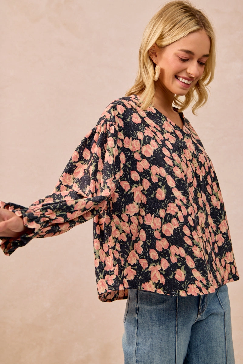 IT4361G-03 | FLORAL PRINTED CORDUROY VNECK RUFFLED CARDIGAN TOP Day To Night