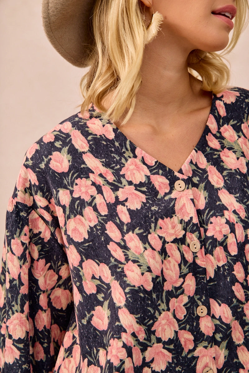 IT4361G-03 | FLORAL PRINTED CORDUROY VNECK RUFFLED CARDIGAN TOP 3-In-1 Set Wardrobe Essential