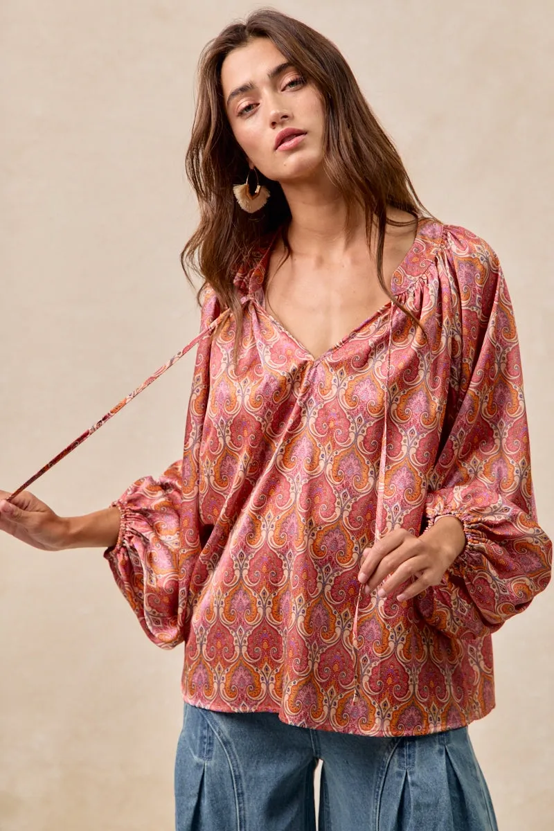 Warm Layers Very Cold IT4362G-14 | ETHNIC PRINT EXAGGERATED BALLOON SLEEVES SILKY TOP