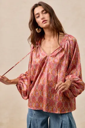 Survival Use IT4362G-14 | ETHNIC PRINT EXAGGERATED BALLOON SLEEVES SILKY TOP