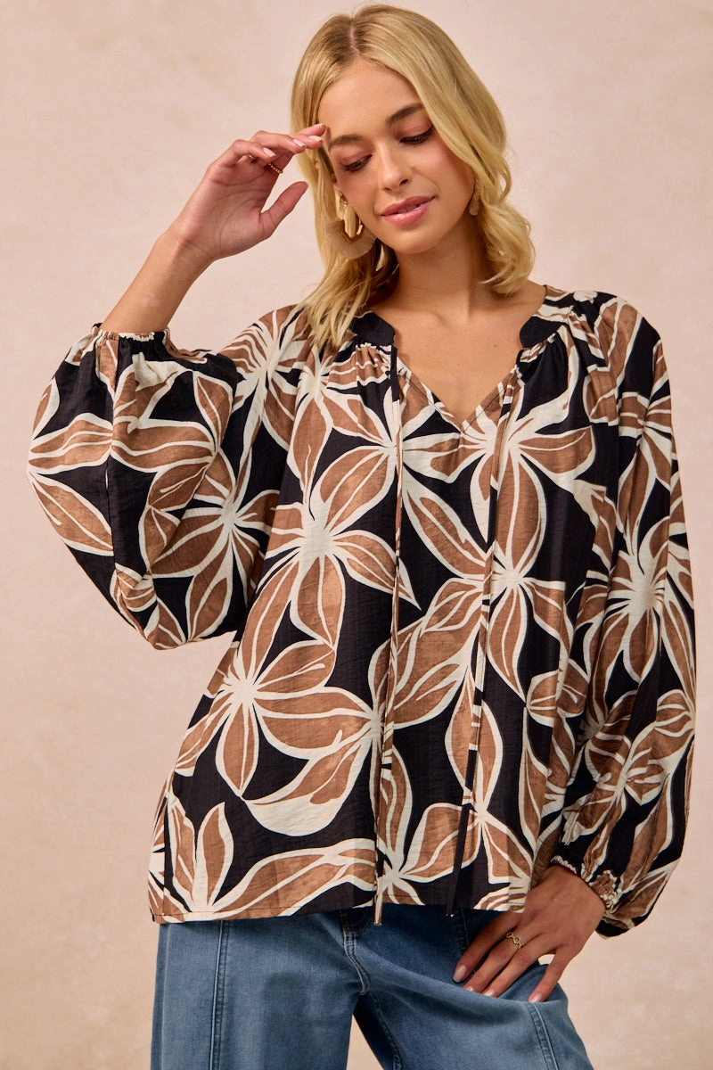 IT4362G-01 | FLORAL PRINT BALLOON SLEEVES TOP WITH FRONT TIE Thick Fabric Neutral Tones Look