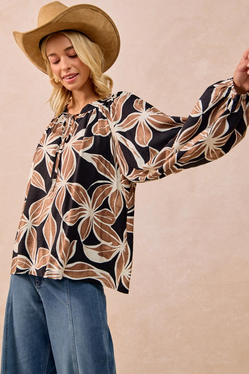 IT4362G-01 | FLORAL PRINT BALLOON SLEEVES TOP WITH FRONT TIE City Ready Wear