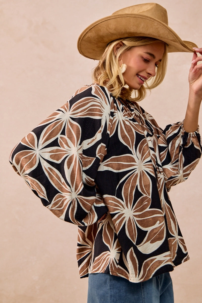 IT4362G-01 | FLORAL PRINT BALLOON SLEEVES TOP WITH FRONT TIE All Seasons Snap Button