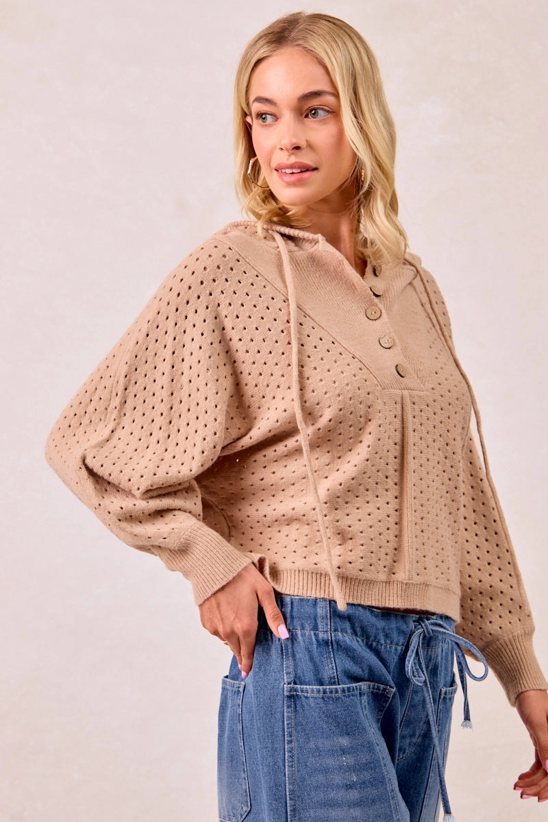 IT4378S-01 | TEXTURED KNIT BUTTONED HOODIE TOP Outdoor Ready