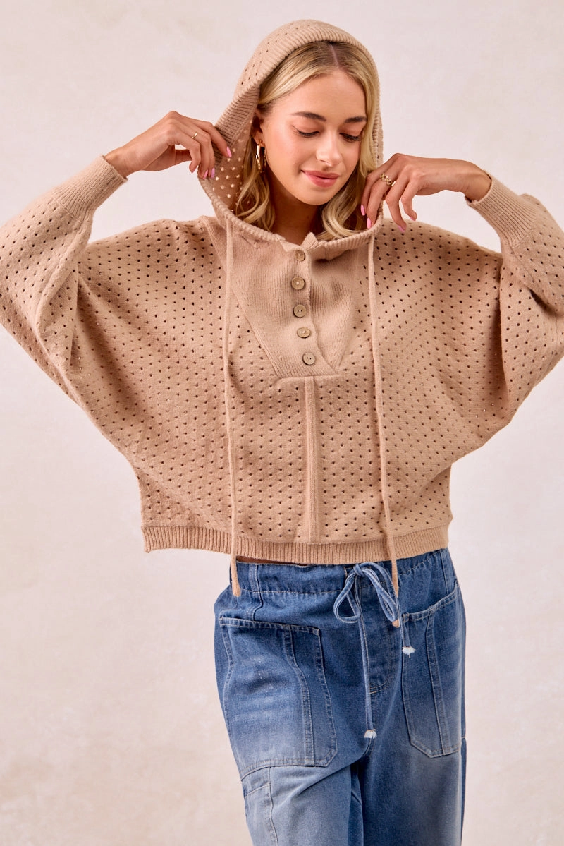 Flexible Waist IT4378S-01 | TEXTURED KNIT BUTTONED HOODIE TOP