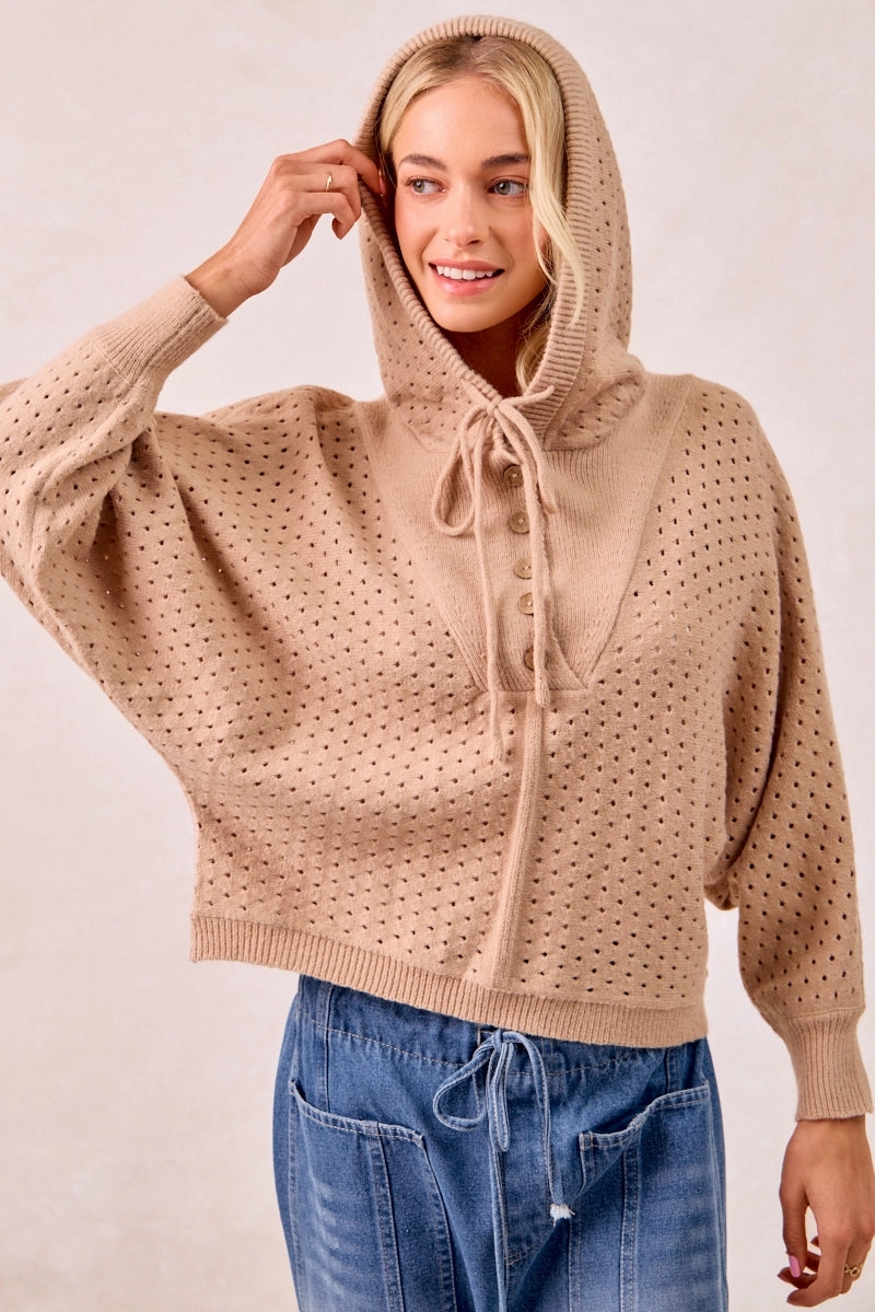 Modern Design IT4378S-01 | TEXTURED KNIT BUTTONED HOODIE TOP