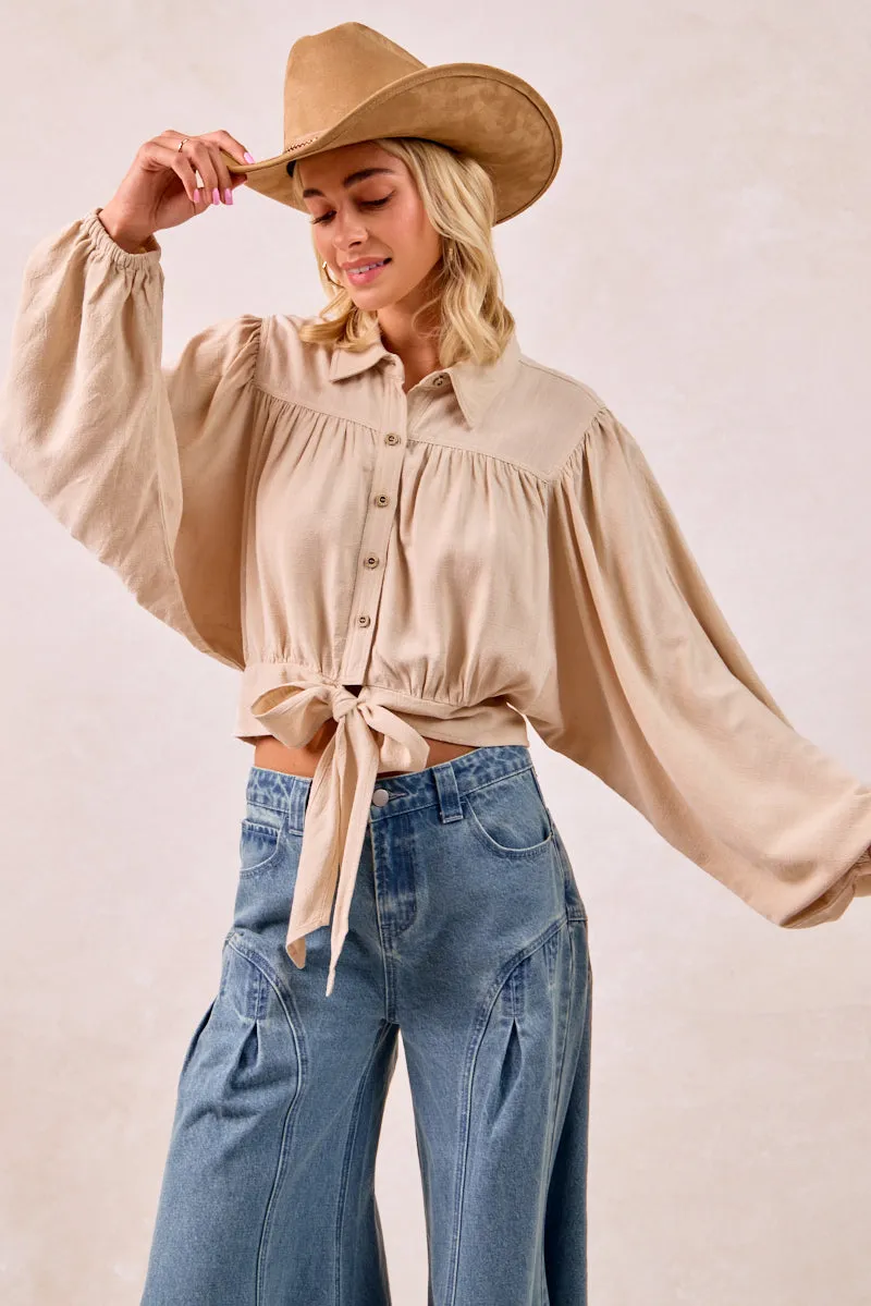 Weather Proof Layer Friendly IT4380G-01 | LINEN VISCOSE TIE HEM DETAIL CROP BLOUSE