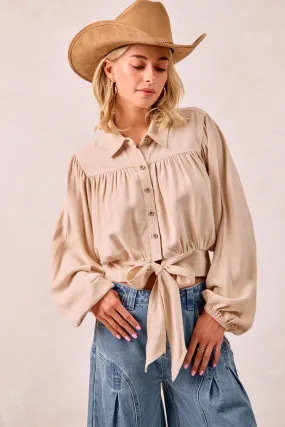 All Day Wear IT4380G-01 | LINEN VISCOSE TIE HEM DETAIL CROP BLOUSE