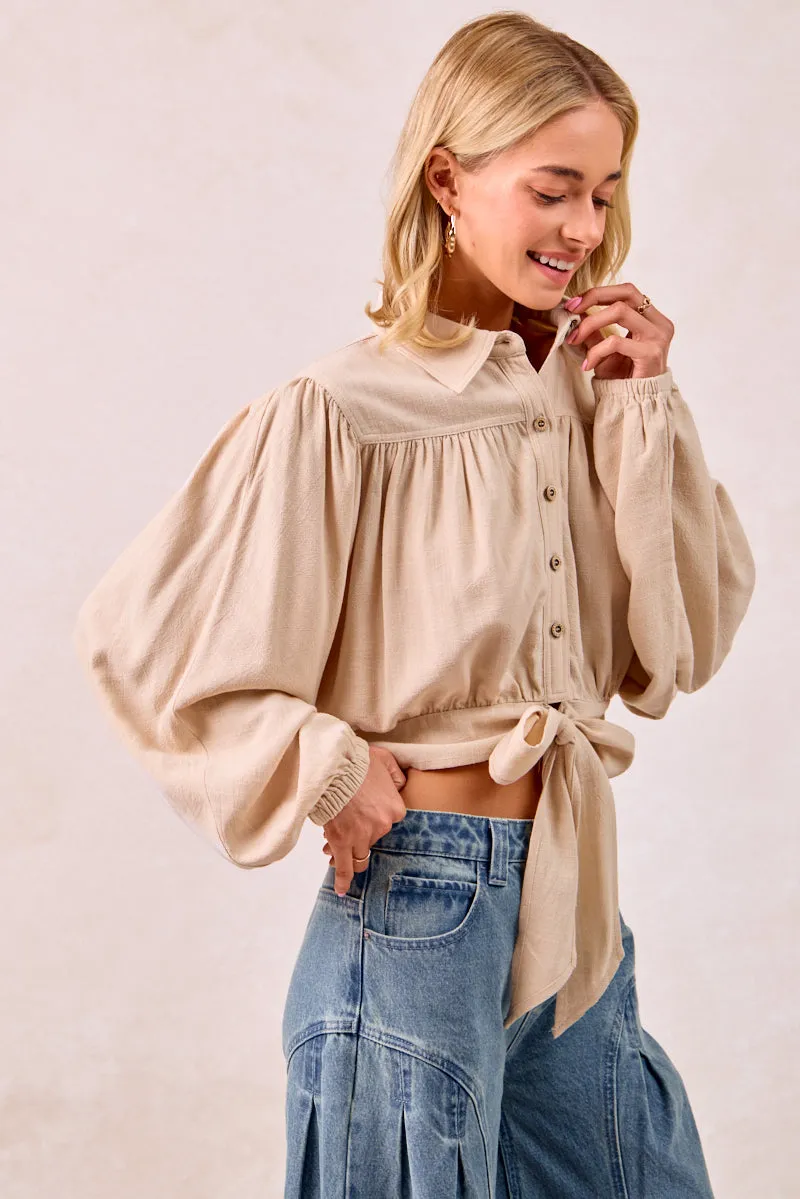 IT4380G-01 | LINEN VISCOSE TIE HEM DETAIL CROP BLOUSE Simple Layers