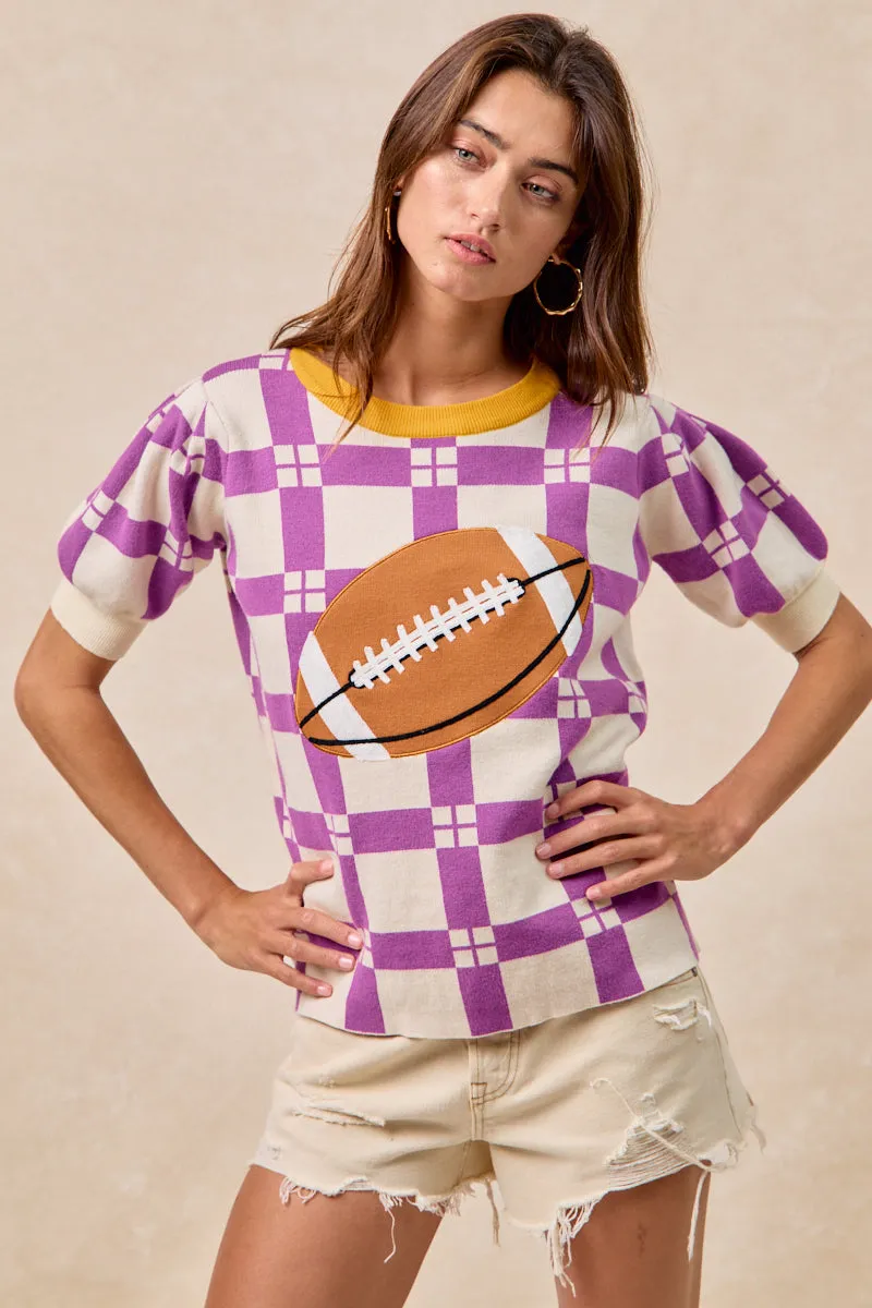 Fringe Detail Cold Outfit IT4410H-01 | GAMEDAY THEME CHECKER PATTERN FOOTBALL PATCHED TOP