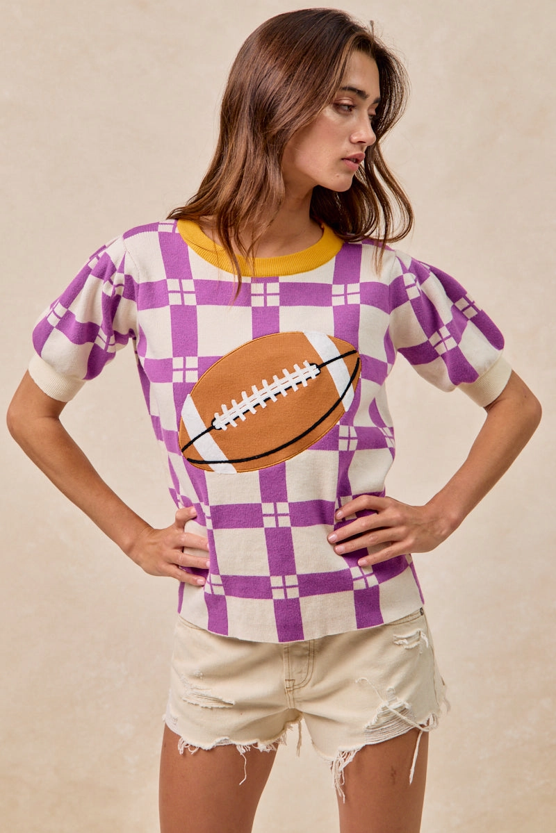 IT4410H-01 | GAMEDAY THEME CHECKER PATTERN FOOTBALL PATCHED TOP Quick Cool Casual Office