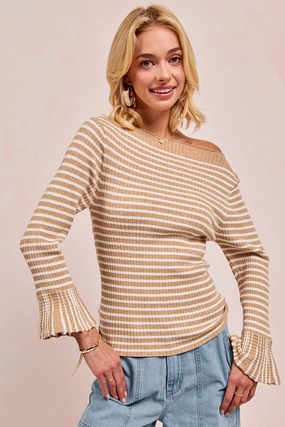 IT4419S-01 | STRIPE RIB KNIT TOP WITH FLARE SLEEVES BOAT NECK 3-In-1 Set Modern Day Look