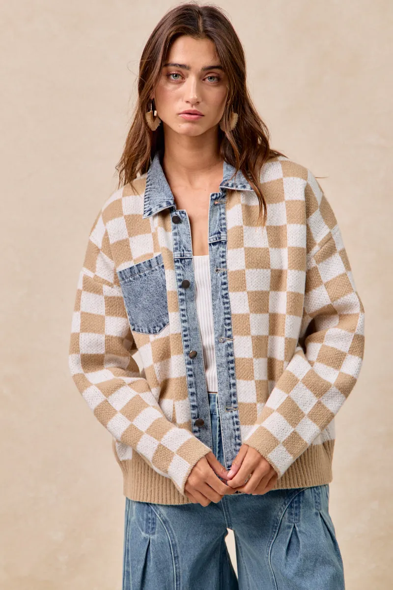 Clean Jacket Detail IT4420G-03 | WASHED DENIM MIX AND MATCH CHECKER SWEATER TOP