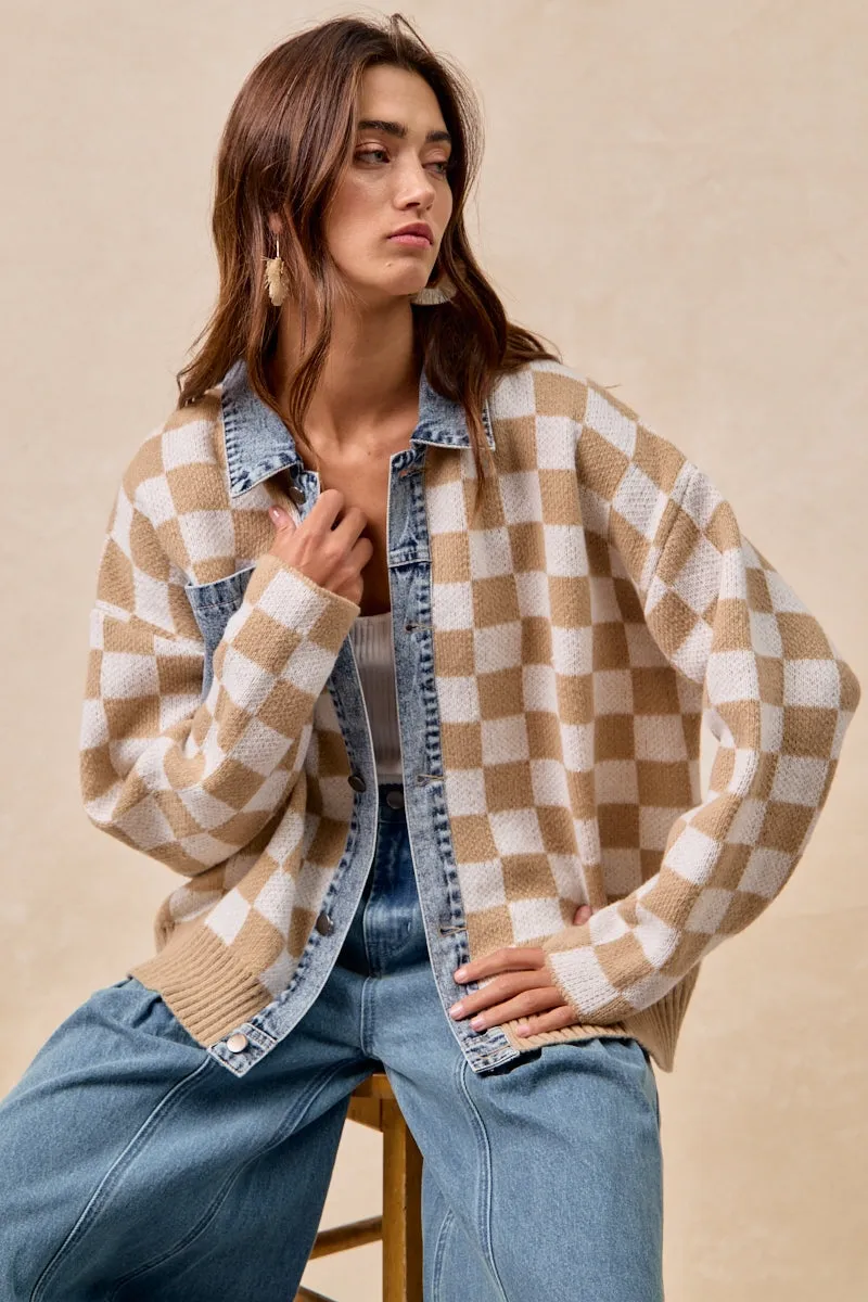 IT4420G-03 | WASHED DENIM MIX AND MATCH CHECKER SWEATER TOP Practical Layer Classic Cut