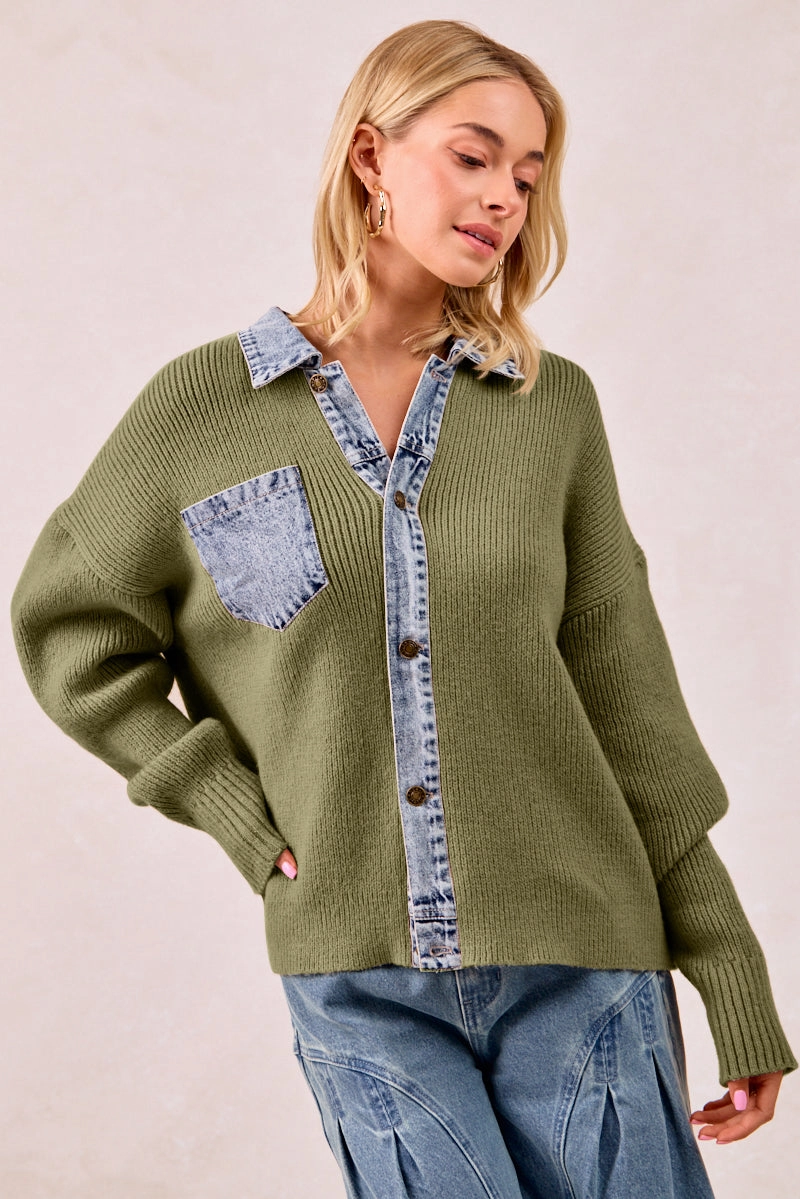 IT4420G-01 | WASHED DENIM MIX AND MATCH BUTTONED SWEATER TOP Casual Feel