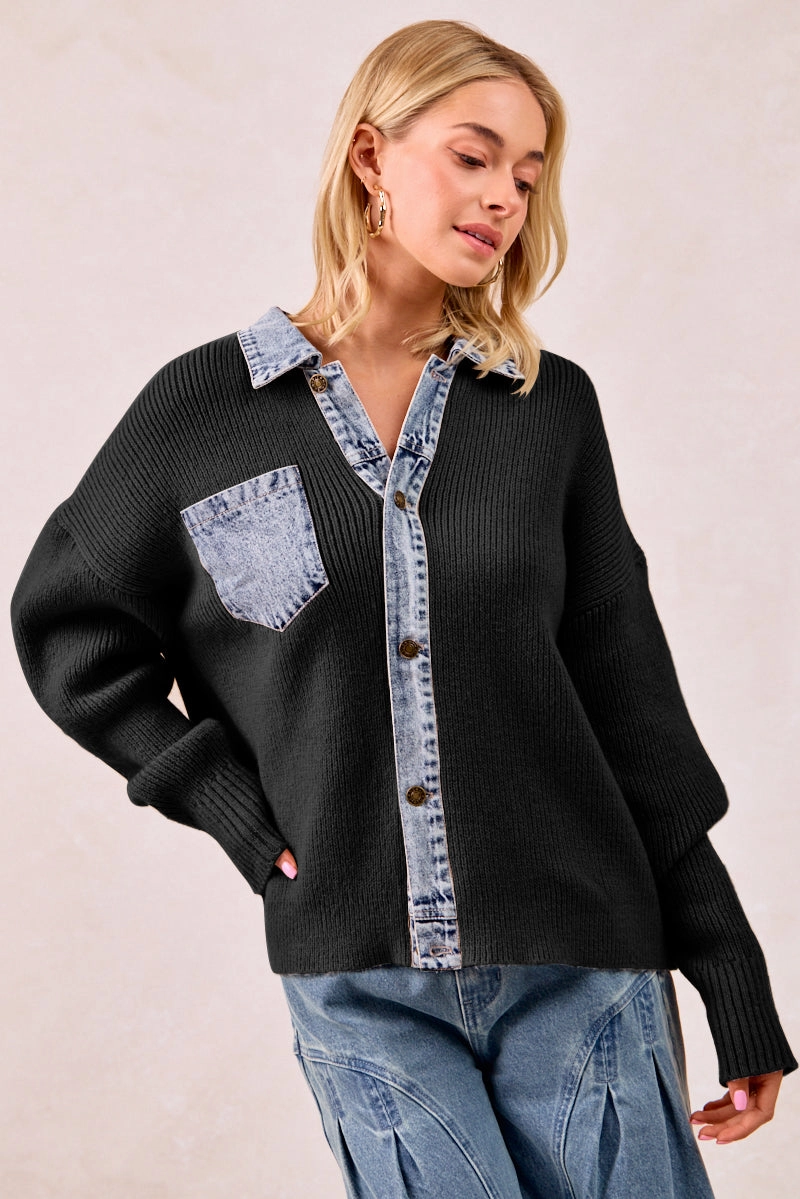 IT4420G-01 | WASHED DENIM MIX AND MATCH BUTTONED SWEATER TOP Adjustable Fit Design