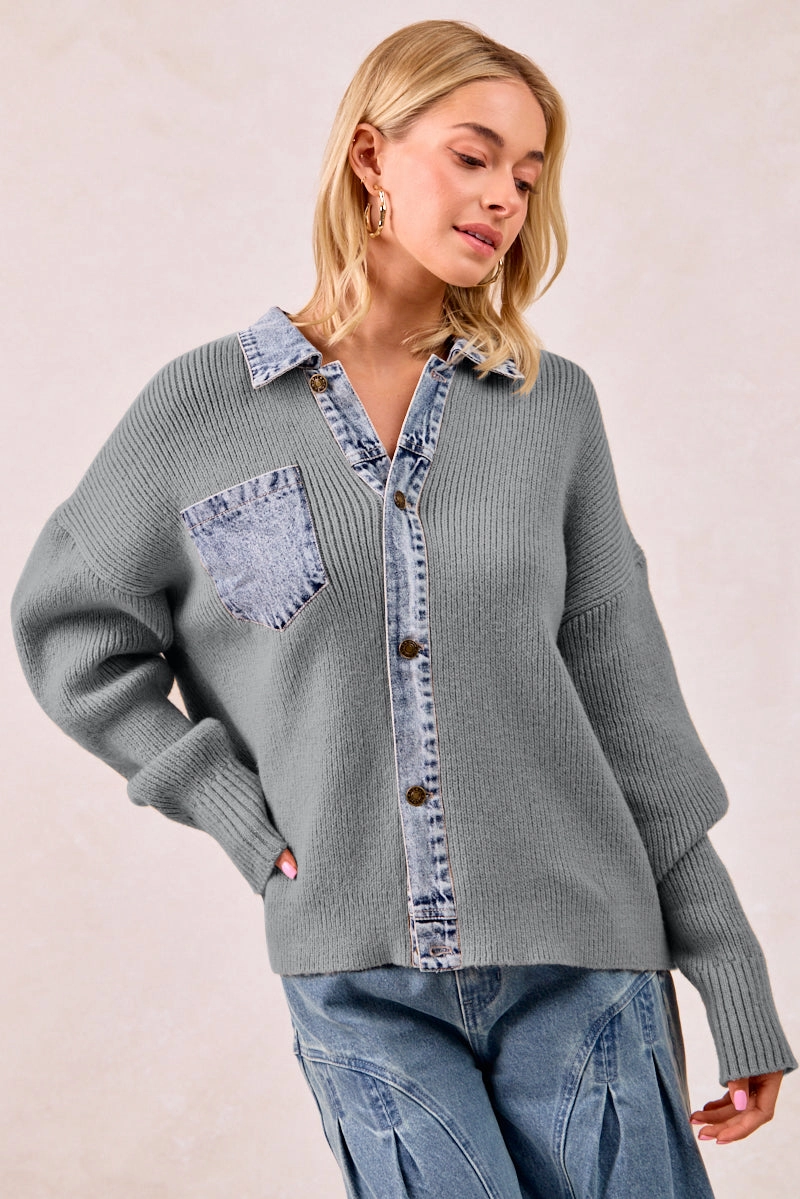Adventure Day Look IT4420G-01 | WASHED DENIM MIX AND MATCH BUTTONED SWEATER TOP