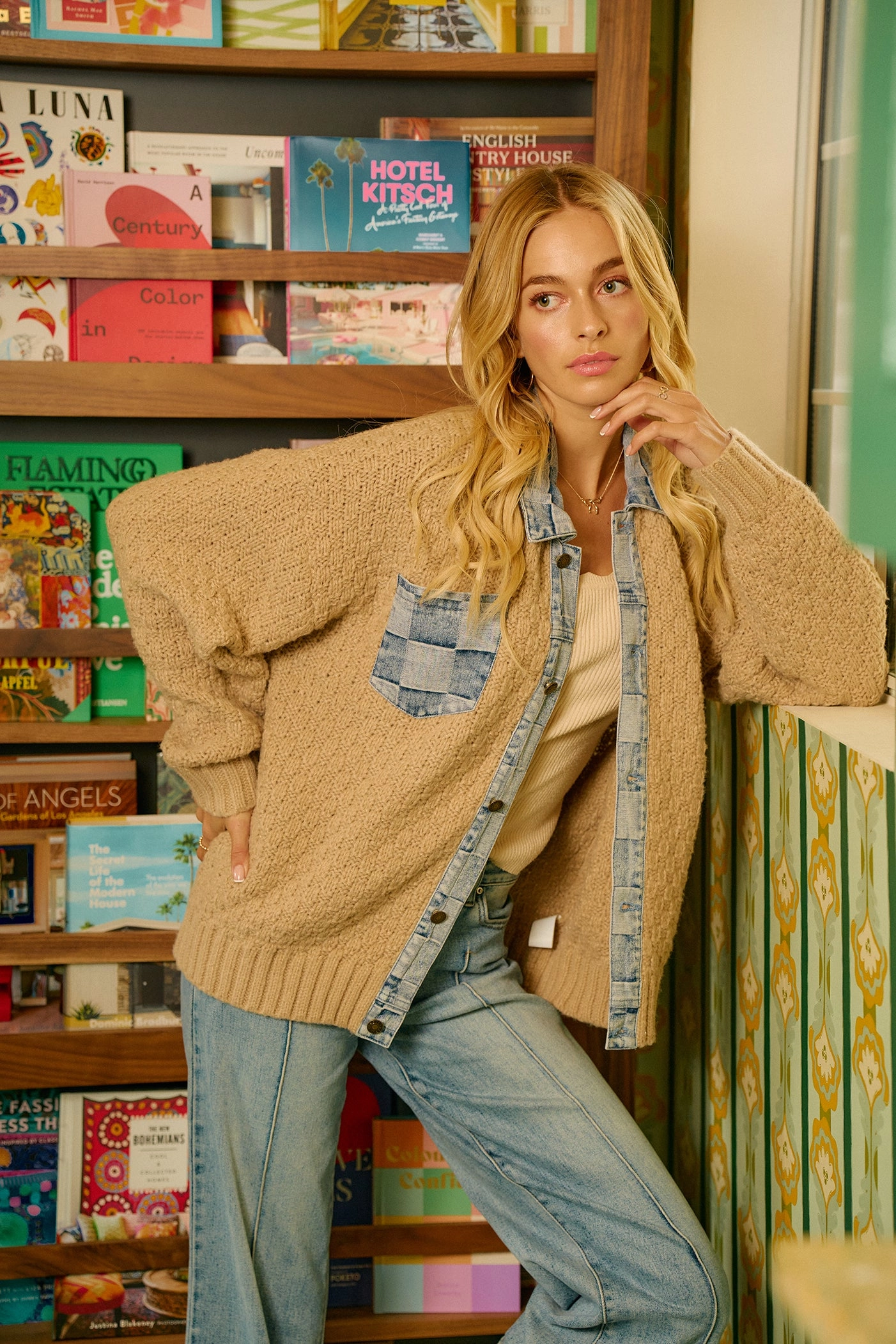 IT4420G-02 | WASHED CHECKER DENIM MIX AND MATCH SWEATER TOP Outdoor Look Double Buttons