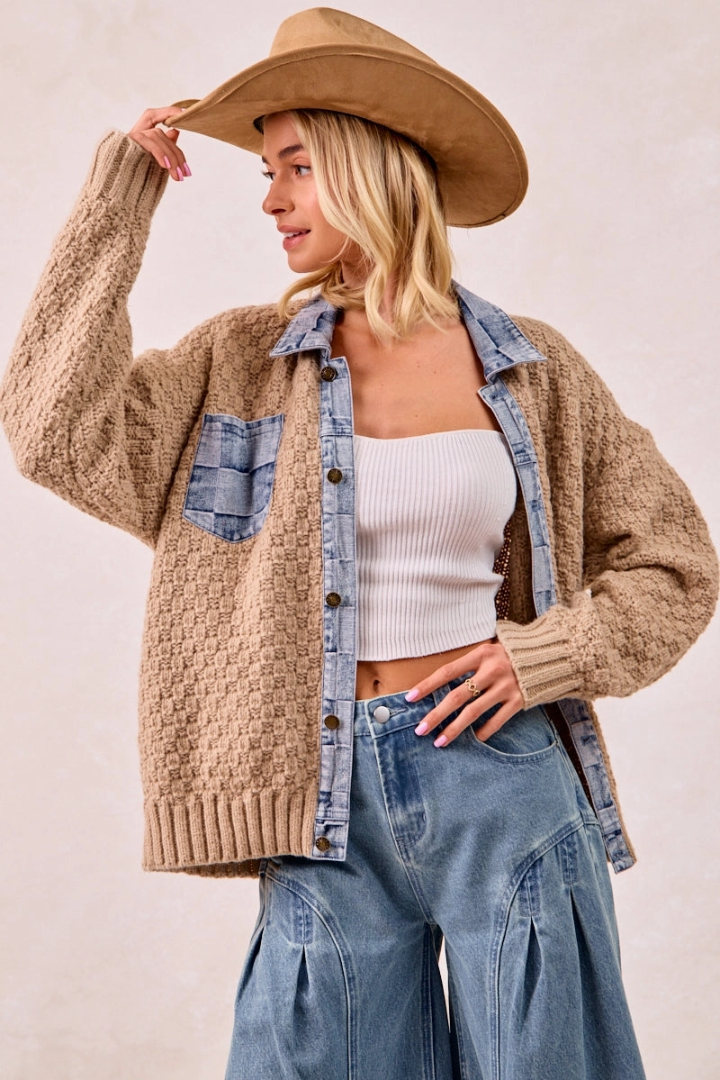 IT4420G-02 | WASHED CHECKER DENIM MIX AND MATCH SWEATER TOP Flexible Daily Fit