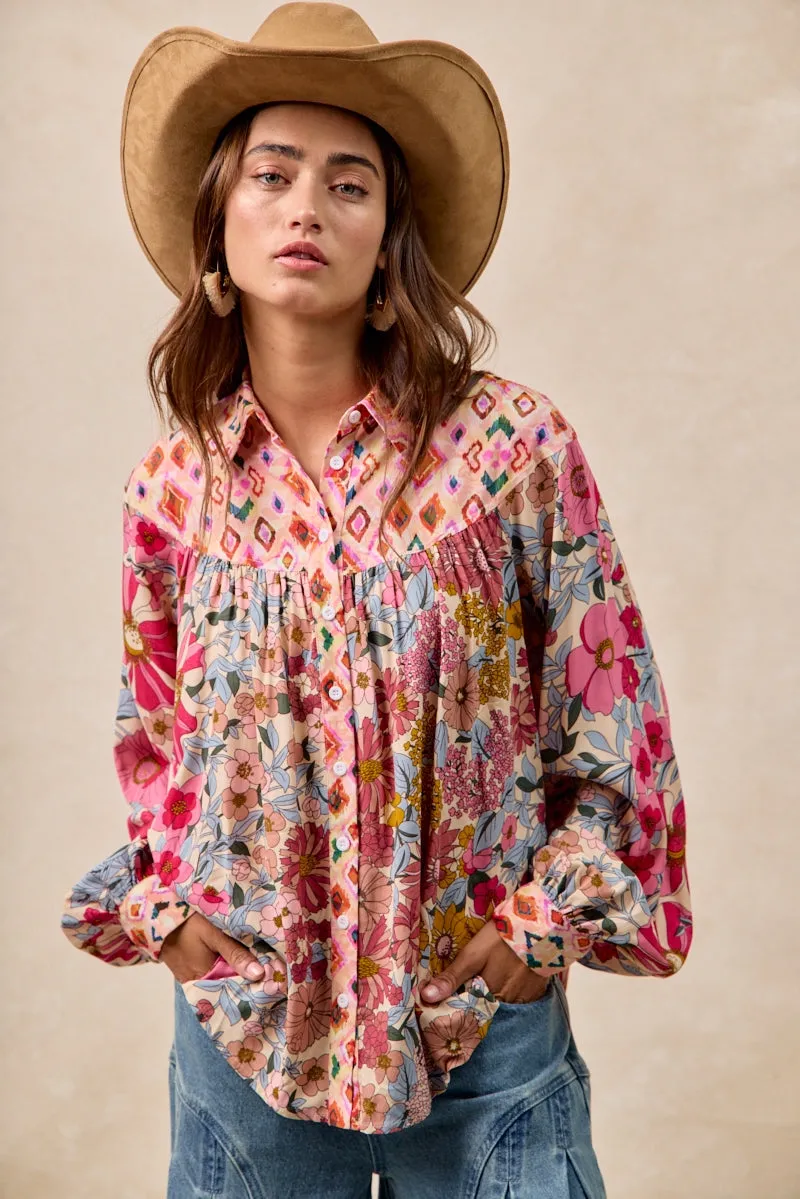 IT4439G-03 | FLORAL PRINT MIX AND MATCH SHIRRING DETAIL BLOUSE Insulated Warmth