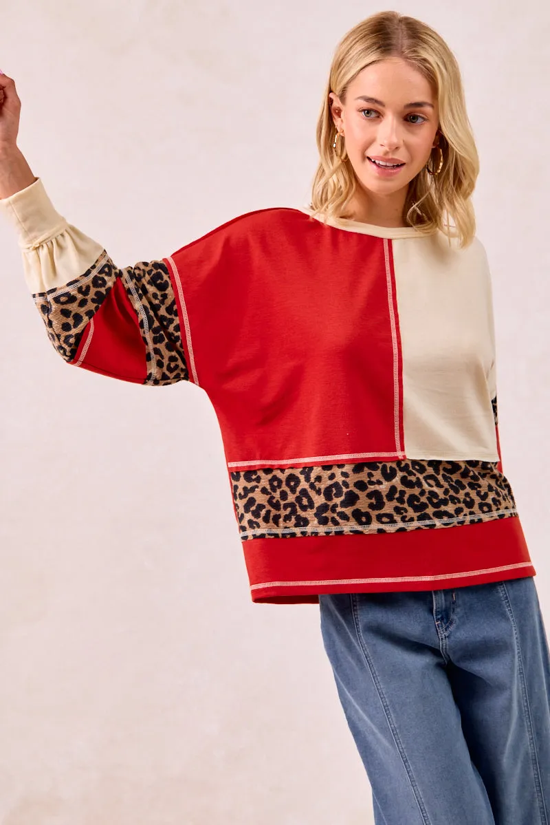 IT4440S-01 | FRENCH TERRY MIX AND MATCH TOP WITH LEOPARD PRINT Reused Cloth All weather