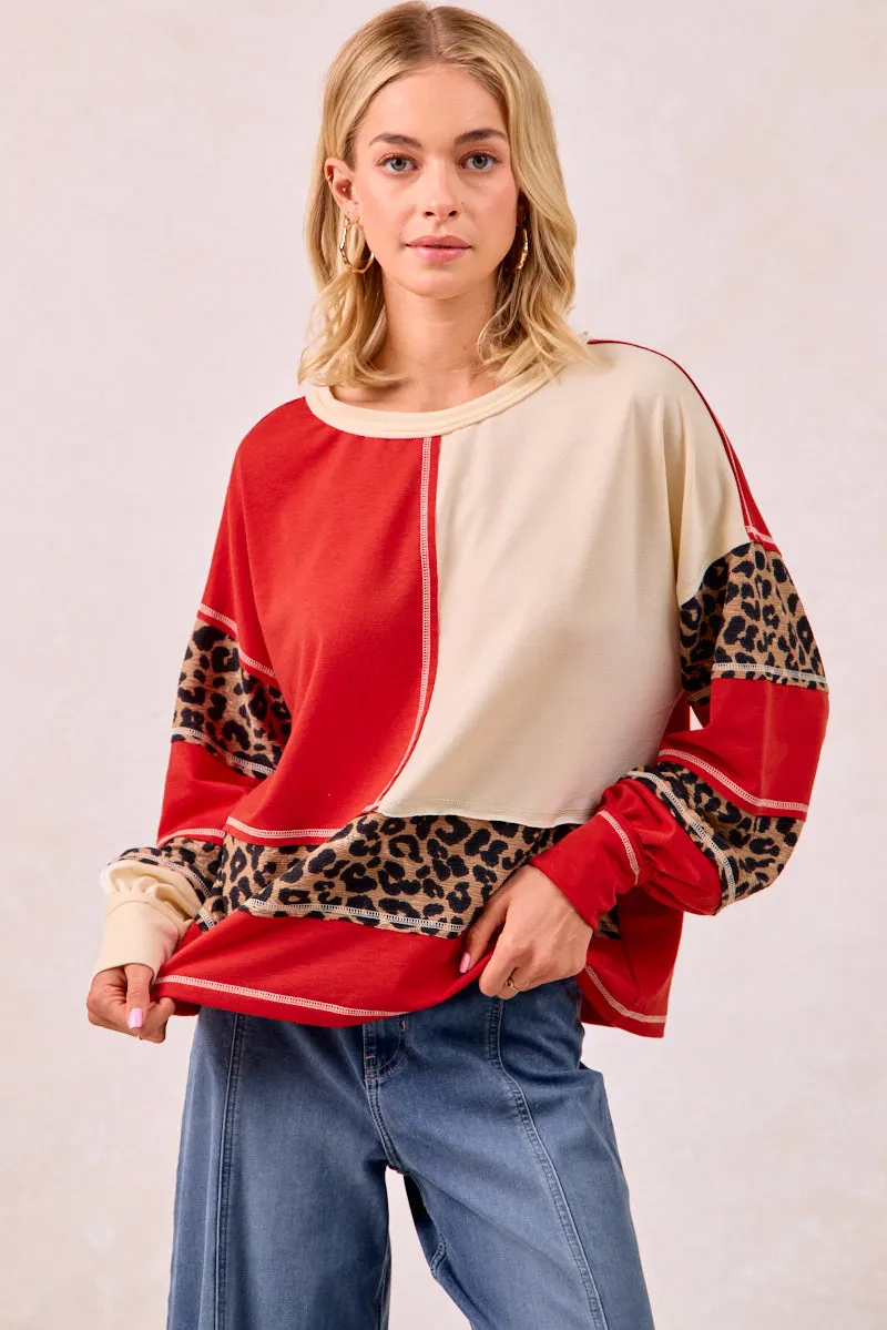 Effortless Layer Functional Zip Detail IT4440S-01 | FRENCH TERRY MIX AND MATCH TOP WITH LEOPARD PRINT
