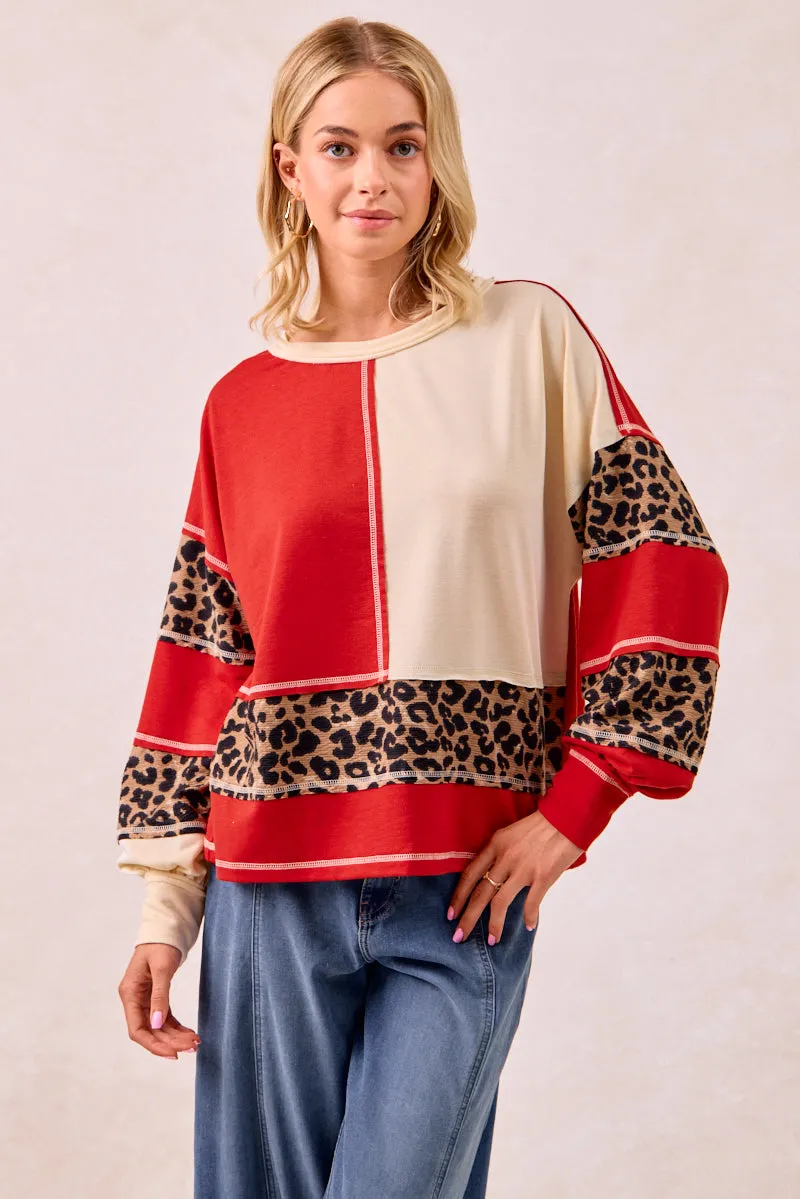 IT4440S-01 | FRENCH TERRY MIX AND MATCH TOP WITH LEOPARD PRINT Casual City