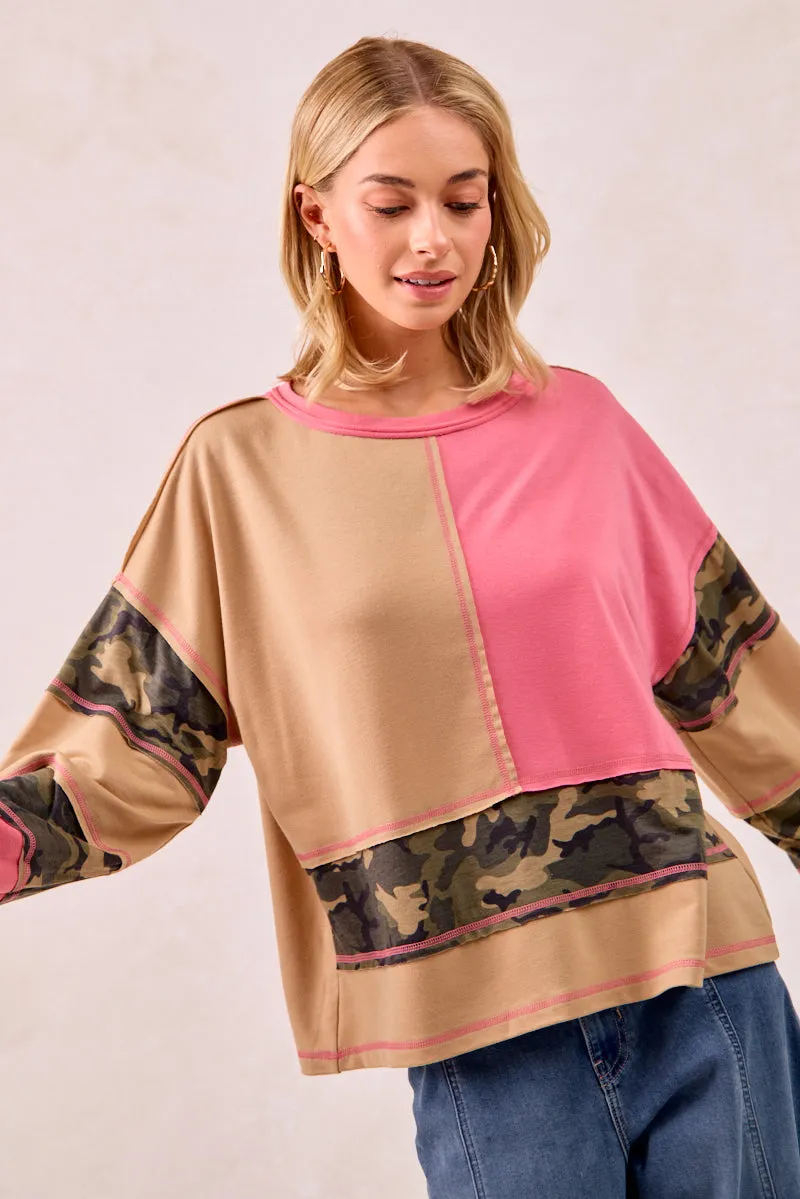 Statement Outerwear IT4440S-02 | FRENCH TERRY MIXD AND MATCH TOP WITH CAMO PRINT