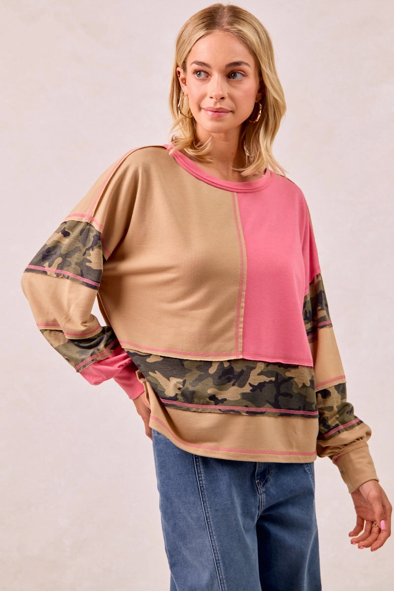 Simple Comfort IT4440S-02P | FRENCH TERRY MIXD AND MATCH TOP WITH CAMO PRINT