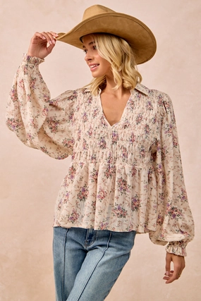 Vegan Fabric IT4443S-01 | FLORAL PRINTED WOVEN V NECK TOP WITH SMOKED DETAIL