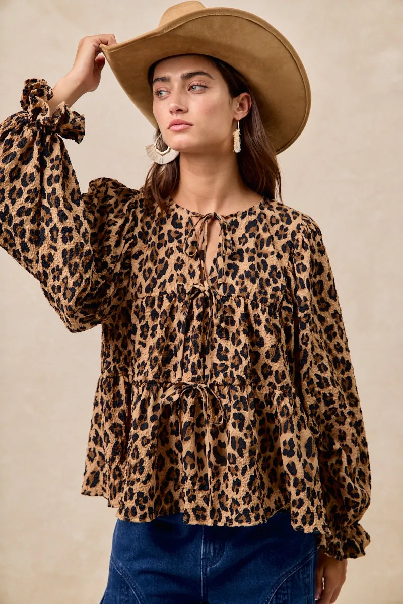 IT4450H-04 | LEOPARD PRINTED BOW TIED TOP WITH V NECK DROP Nylon Cover Old Style