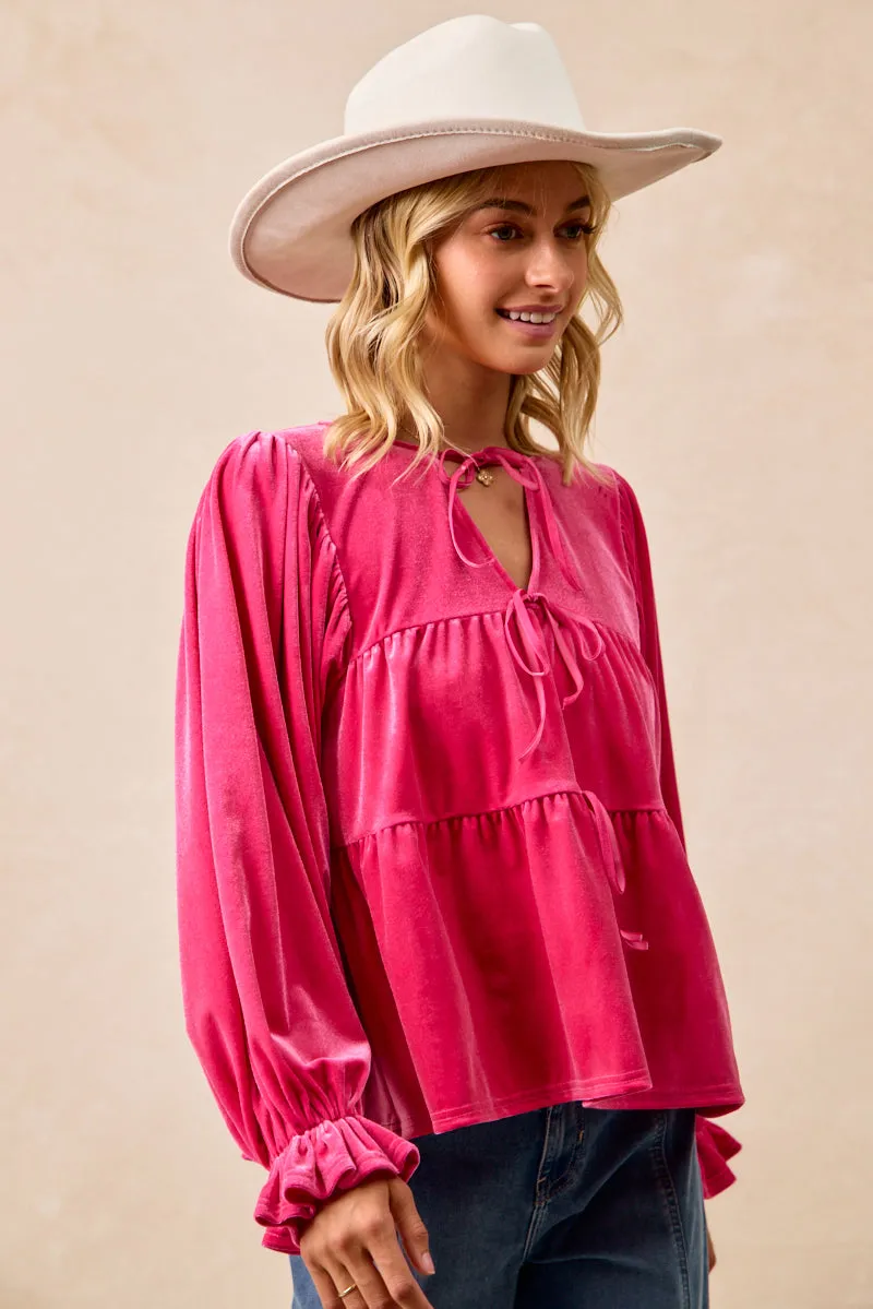 IT4450H-05 | CHRISTMAS THEME VELVET BOW TIED TOP Stretch waistband Refined fit