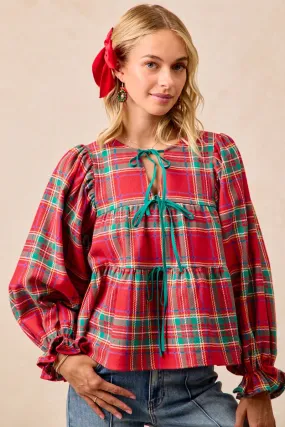 Timeless Style All Season IT4450H-07 | CHRISTMAS PLAID TOP WITH FRONT BOW TIED DETAILS