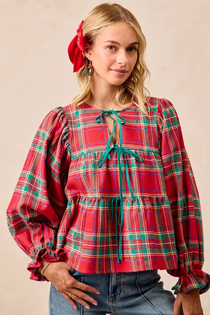 Winter Layers Neutral palette IT4450H-07 | CHRISTMAS PLAID TOP WITH FRONT BOW TIED DETAILS