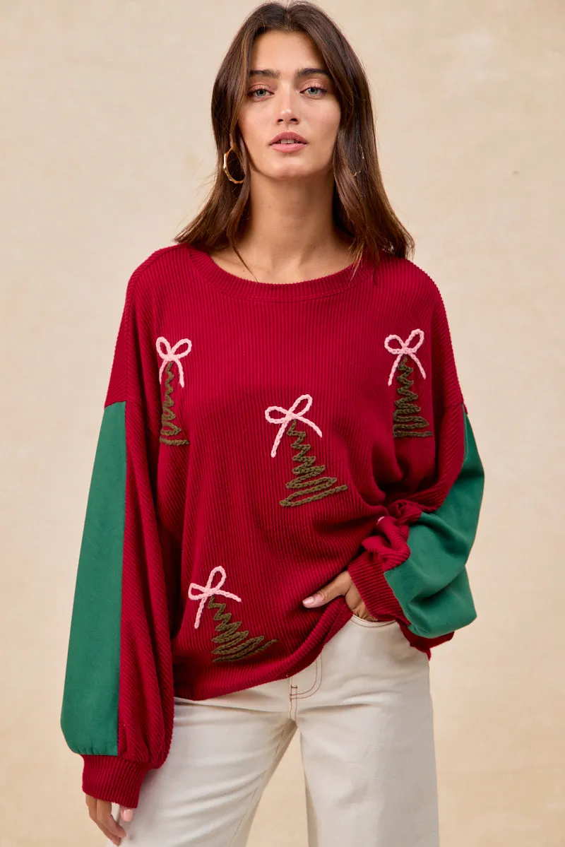 Low Maintenance IT4459K-01 | CHRISTMAS THEME TREE EMBROIDERED SWEATER TOP
