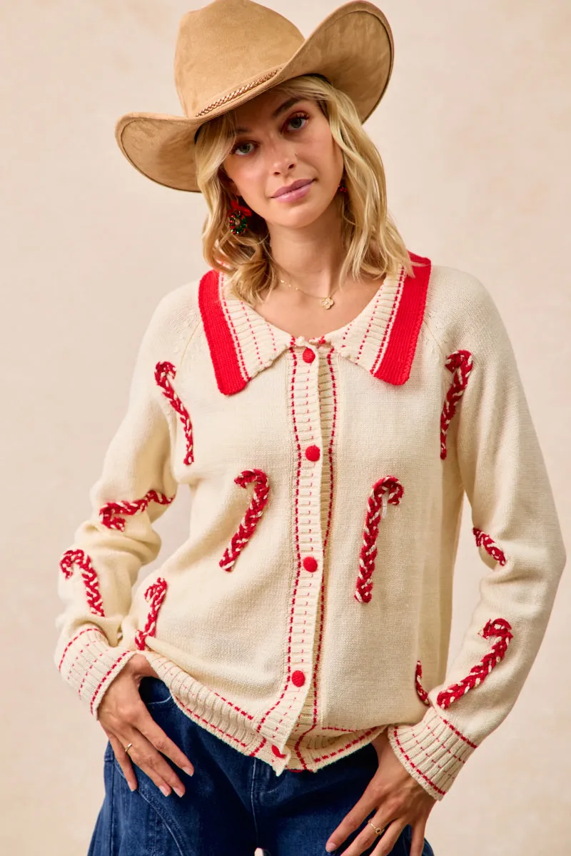 IT4461K-01 | CHRISTMAS CANDY CANE PATCHES COLLARED SWEATER TOP Fashionable Cut