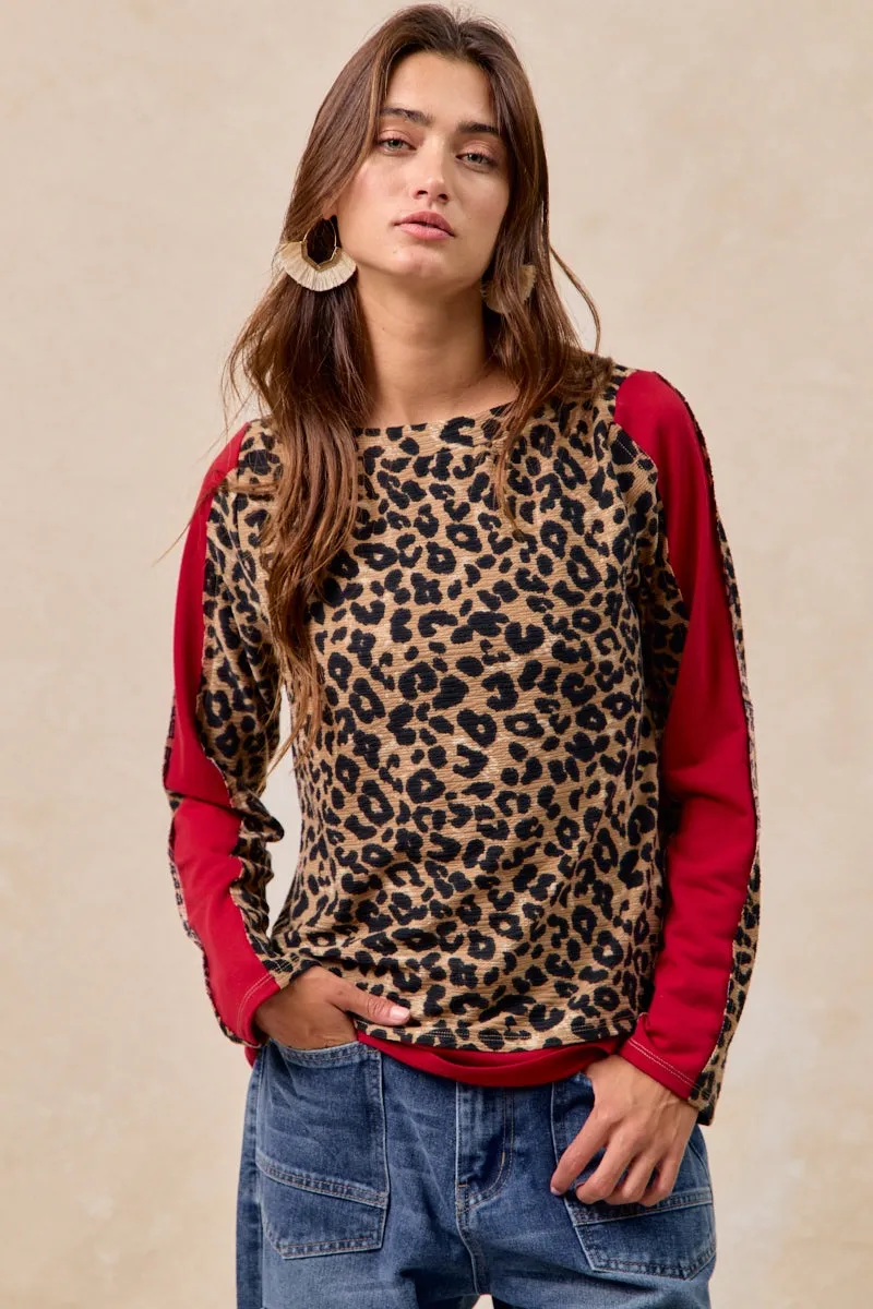 All Day Comfort Stain Proof IT4464S-02 | LEOPARD THERMAL KNIT WITH CONTRAST BOAT NECK TOP