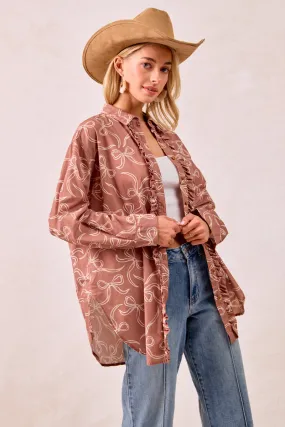 Everyday Urban Style Evening Chill Piece IT4466G-03 | RIBBON BOW PRINT LONG SHIRT WITH RUFFLED PLACKET