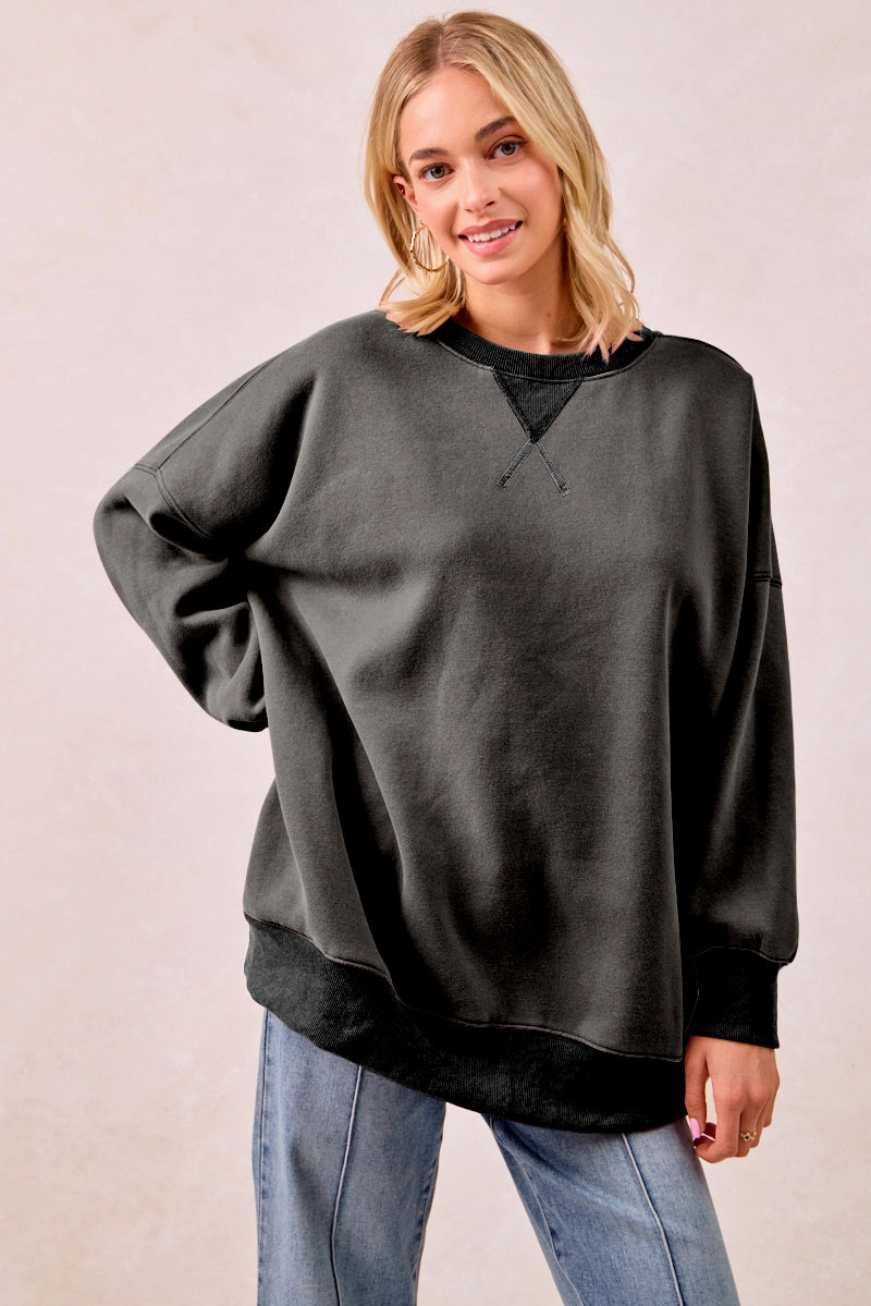 Casual Fit Silhouette Stylish Layer IT4471G-01 | RIBBED V-INSERT WASHED FLEECE OVERSIZED SWEATSHIRT