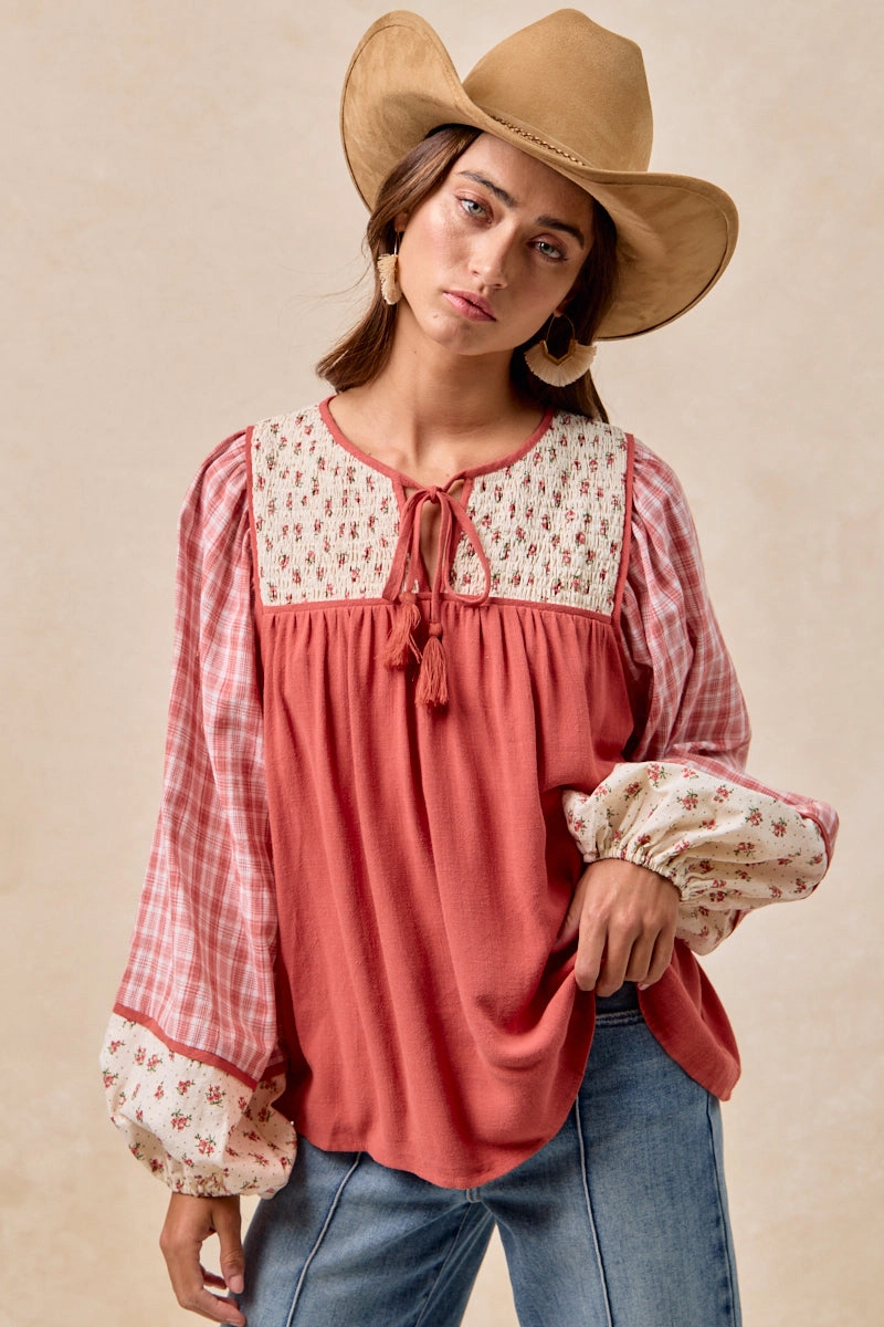 Modern Design Petite Fit IT4474S-02 | MIX AND MATCH FRONT TIED TOP WITH SMOKING DETAIL