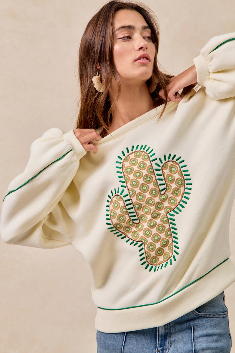 Light Fabric Zipper Closure IT4475K-01 | CACTUS EMBROIDERED FLEECE SWEATSHIRT