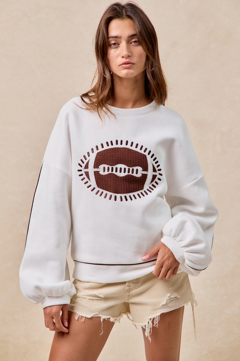 Flattering Waist Daywear IT4475K-02 | GAMEDAY THEME FOOTBALL EMBROIDERED SWEATSHIRT