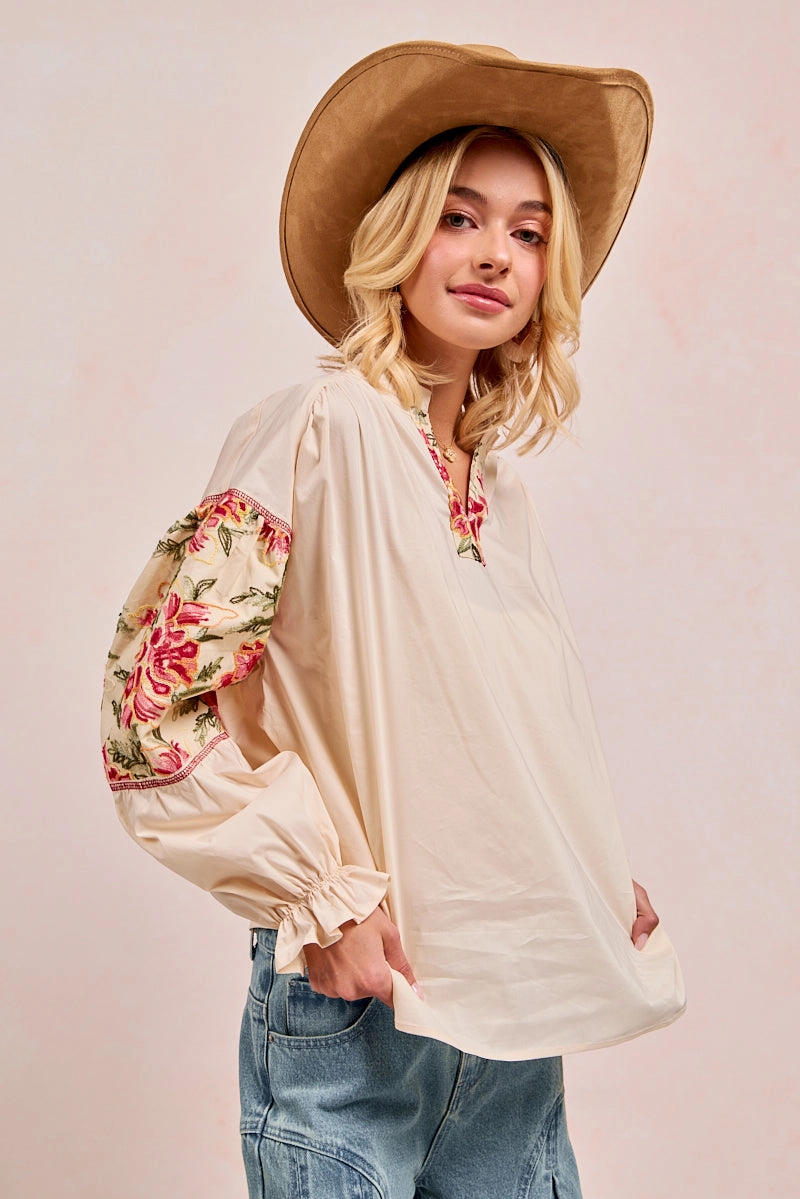 IT4478-01 | SOLID WOVEN TOP WITH EMBROIDERY BLOCK RUFFLED EDGE Style Staple