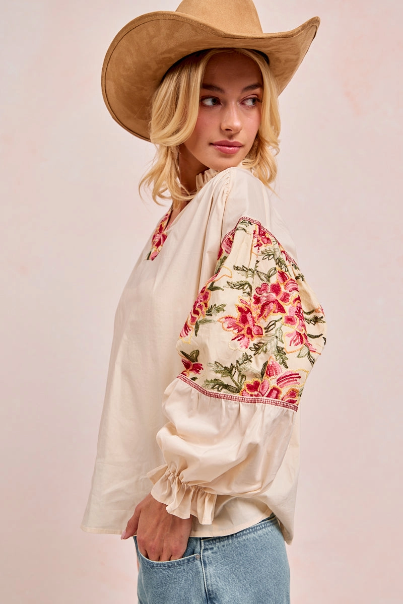 Go Anywhere Wear IT4478-01 | SOLID WOVEN TOP WITH EMBROIDERY BLOCK RUFFLED EDGE